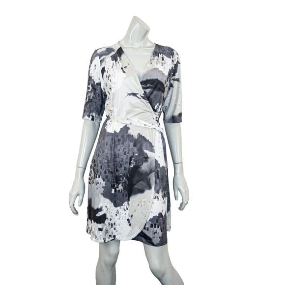 KOMAROV Wrap Dress Gray black Print Waist strap Petite sz L - Picture 3 of 10